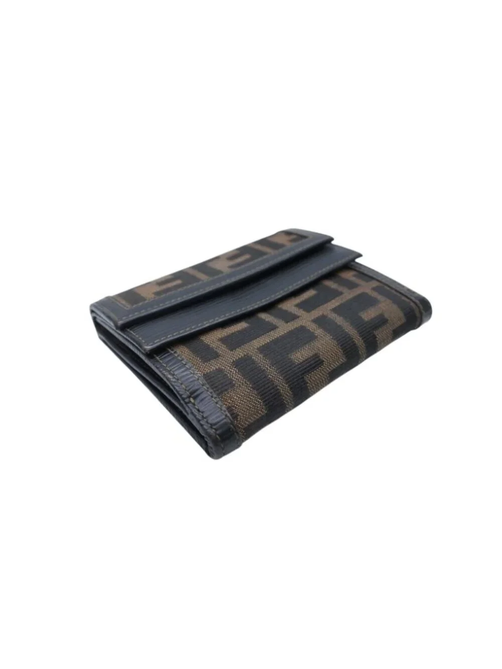 Fendi Zucca Pattern Trifold Wallet Compact Canvas Leather Brown Gold